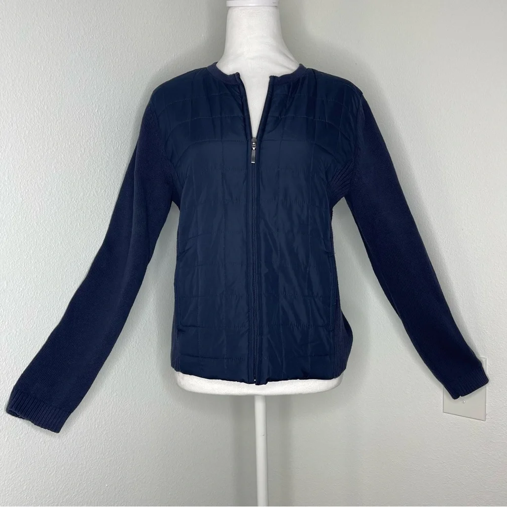 Croft & Barrow Dark Blue Knit Woven Quilted Front Zip Pockets Jacket Sweater Md
